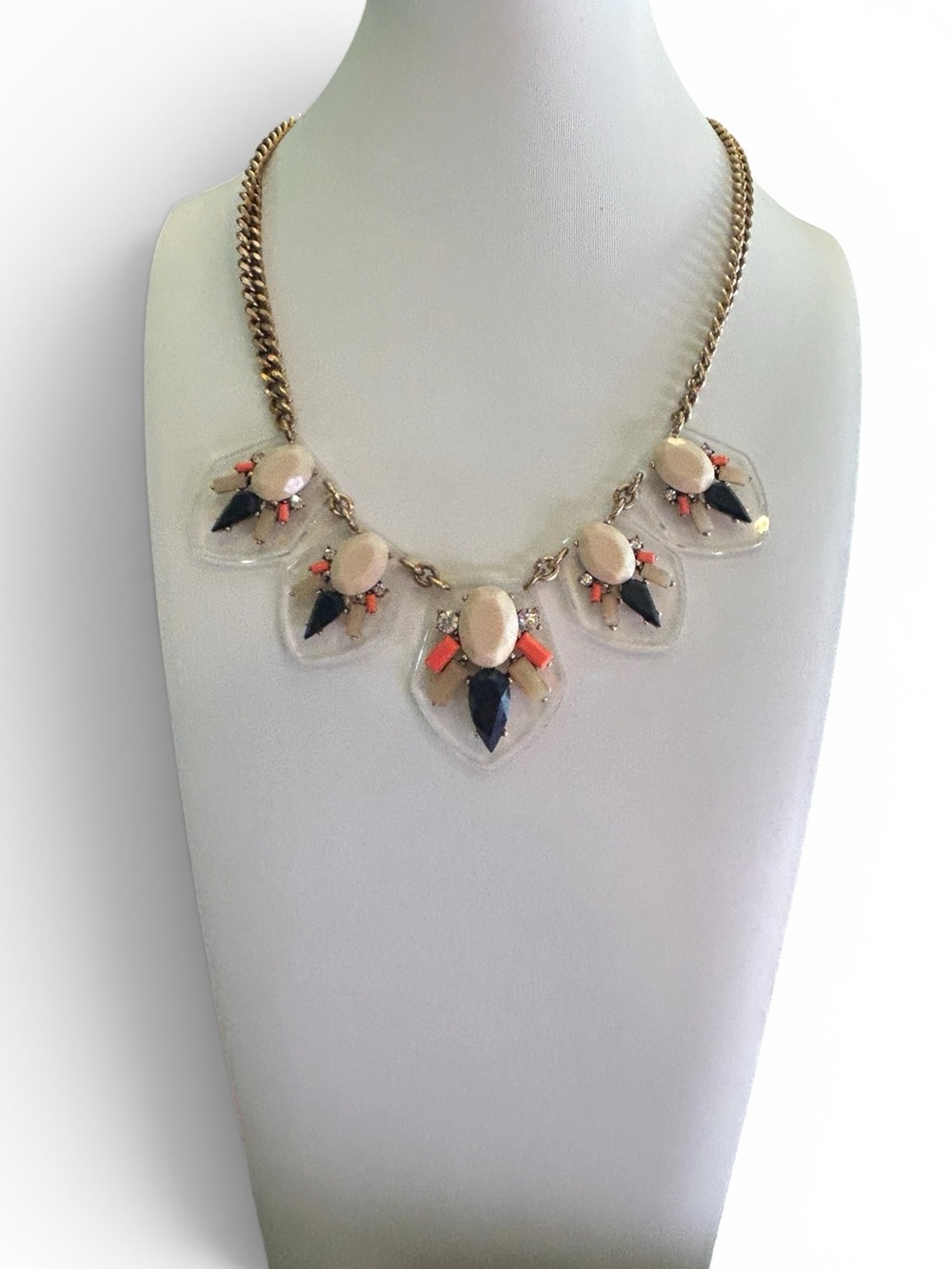 J Crew  Statement Necklace with Coral, Navy and Cream Accents